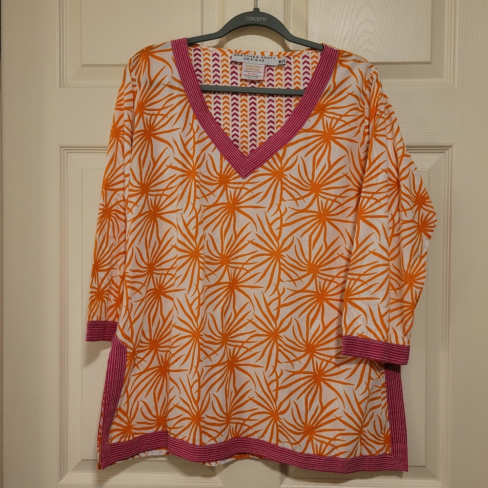 Gretchen Scott Design Colorful Botanical Top M V-Neck 3/4 Sleeve Cotton